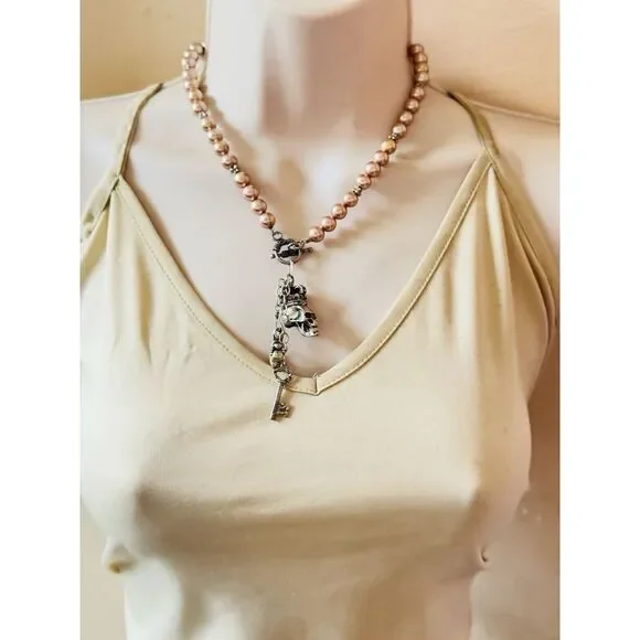 Versani Goth Necklace Skull Charm Dangle Pearl Gemstone Sterling Silver 925 Rare